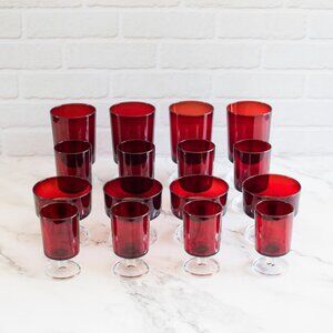Set of 16 Vintage Luminarc Ruby Red Glasses – 4 Sizes, Made in France